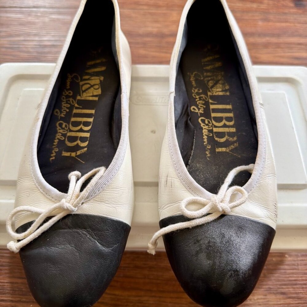 Sam & Libby Black White Leather Cap Toe Ballet Flats Bow Sz 7.5M
